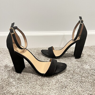 Merona Sandal Women Size 8 Suede Open Toe Ankle Strap Stacked Chunky Heels Black
