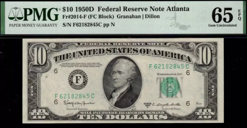1950D $10 Federal Reserve Note PMG Gem 65EPQ - Atlanta - Fr 2014-F - Image 2 of 3