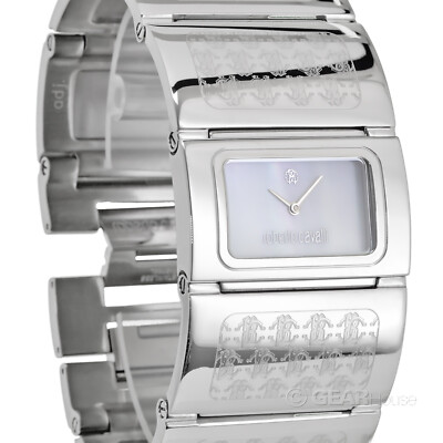 Roberto Cavalli Womens Pavon Watch, MOP Dial, Wide Stainless Steel Cuff Band