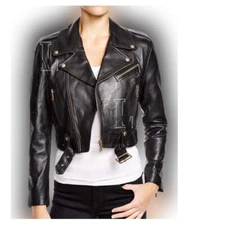 Handmade Women Black Belted Cropped Leather Jacket, Biker Style, Sale !!!