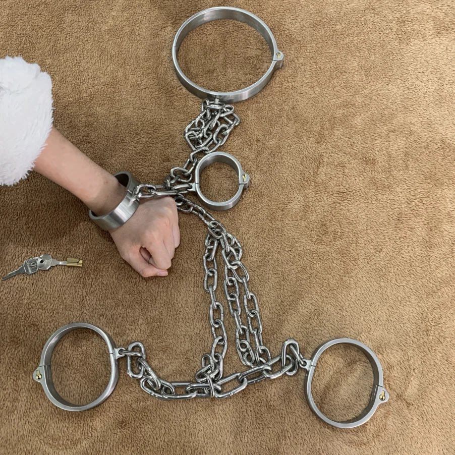 Bondage Edelstahl Handschellen Fußfessel Halsband Fesseln mit Kette BDSM Fetisch - Bild 2 von 4