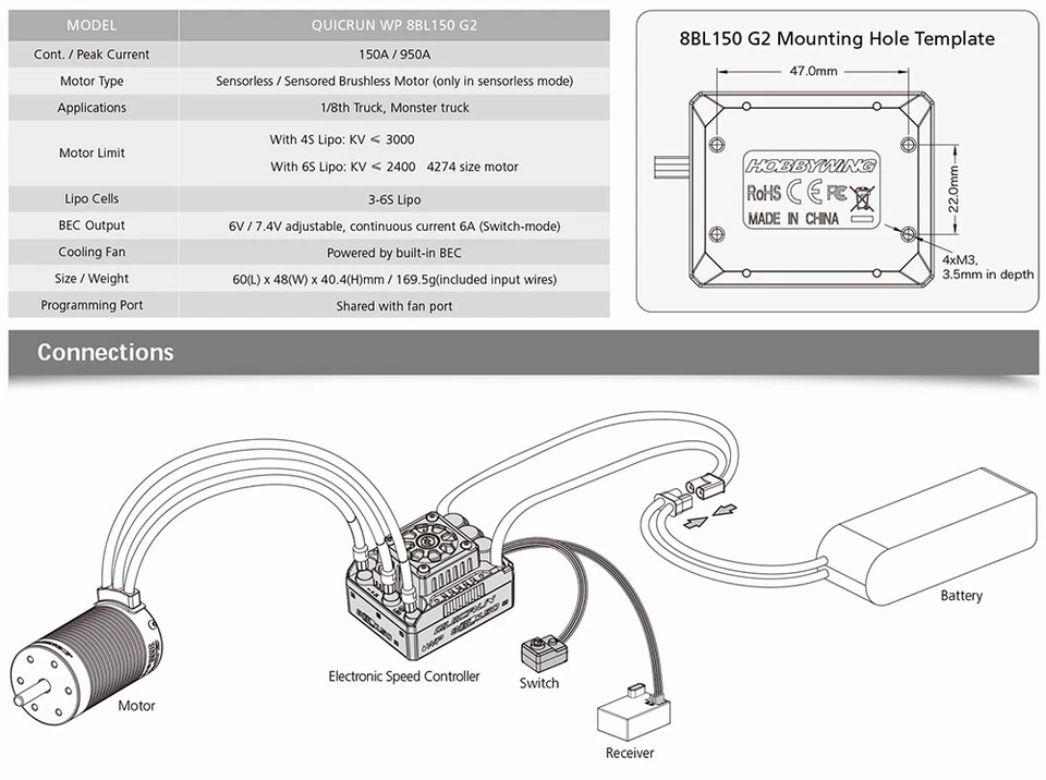 HOBBYWING QuicRun 150A 3-6S Brushless ESC 2000KV 2600KV Motor for 1/8 RC Car - Image 3 of 4