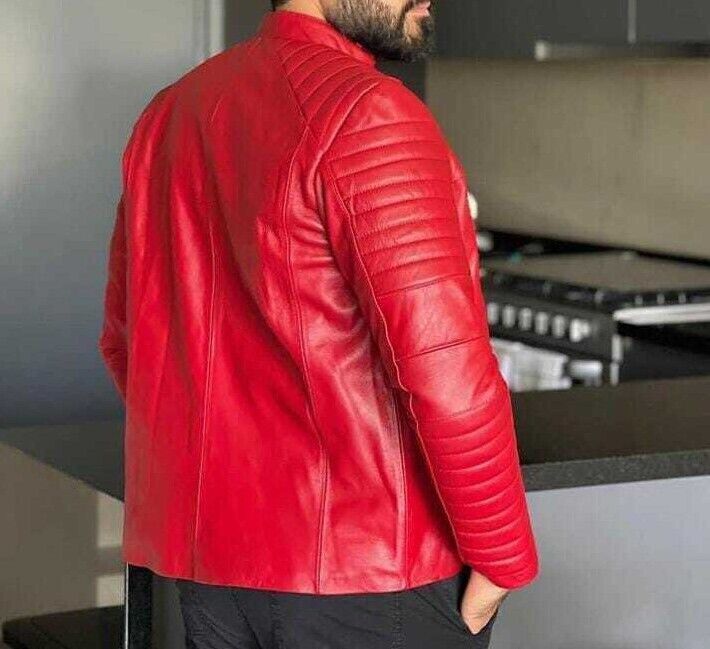 RED Genuine Lambskin Soft Leather Jacket Men's Handmade Stylish