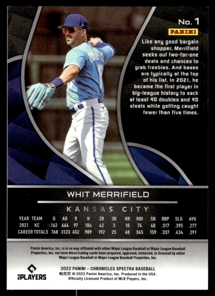 2022 PANINI CHRONICLE SPECTRA Whit Merrifield Kansas City Royals #1 - Image 2 of 2