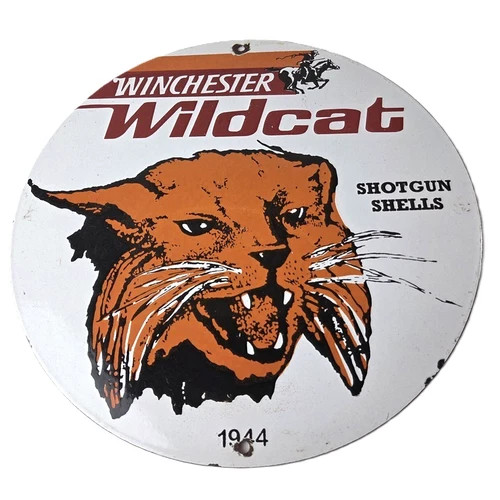 Vintage Winchester Porcelain Sign - Shot Gun Shells Wildcat Gas Pump Sign