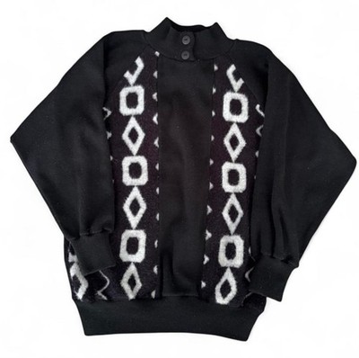 Vintage Style Geometric Pattern Sweater Mock Neck Button Pullover Retro 90s 