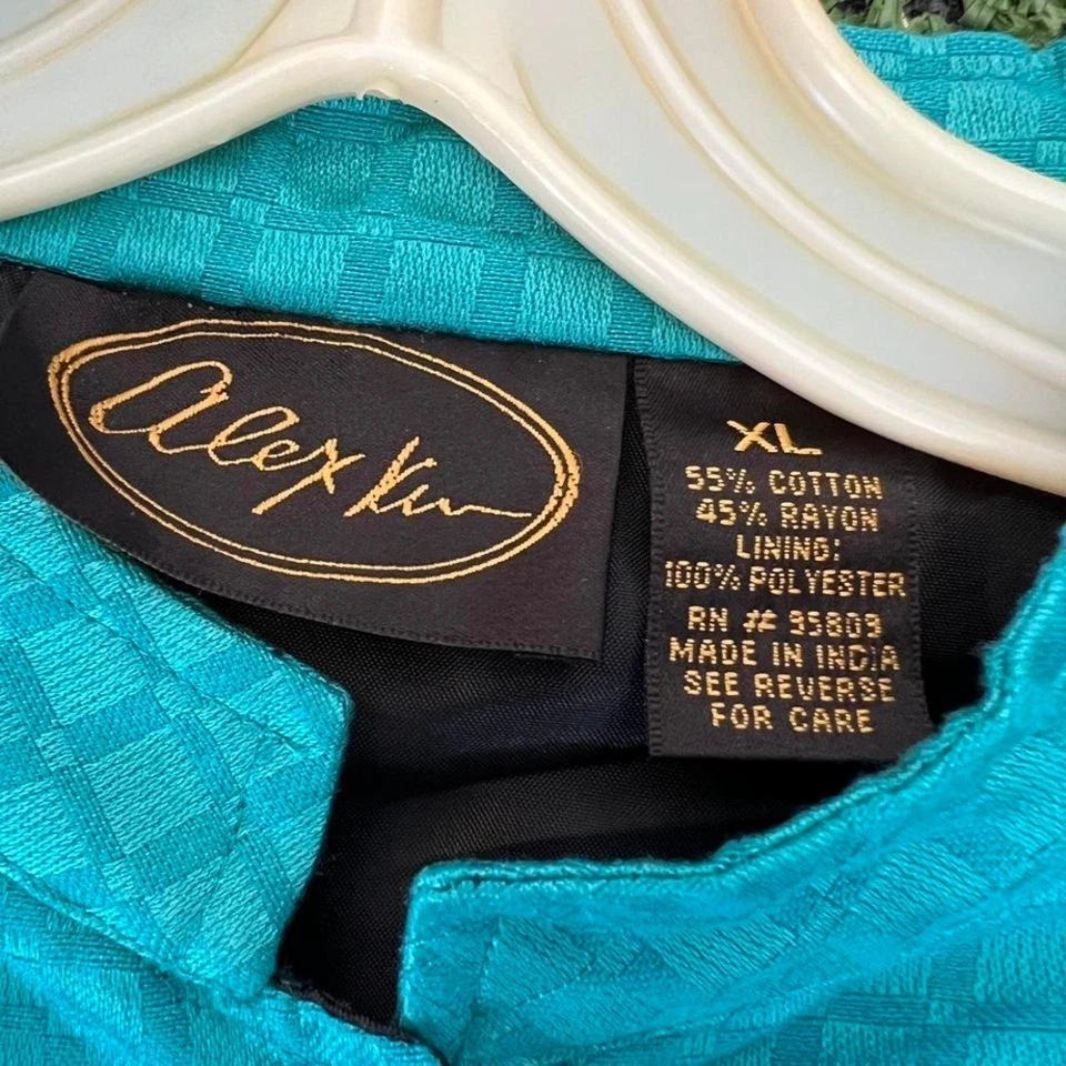 Vintage Alex Kim Blue teal floral embroidered button-up tunic Japanese jacket XL - Image 2 of 4