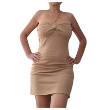 Gold Mini Dress Halter Neck Tie Size 10 Summer Holiday Stretch Clubbing Party