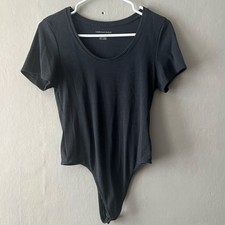 American Eagle Black Ribbed Short Sleeve Bodysuit Size Large
