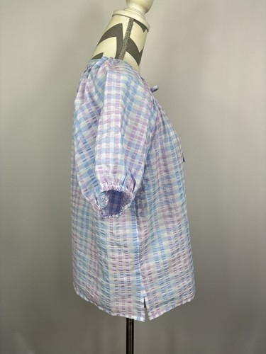 LOFT Blue Purple Checkered Puff Short Sleeve Blouse Size S Runs Big (M) - Picture 6 of 7