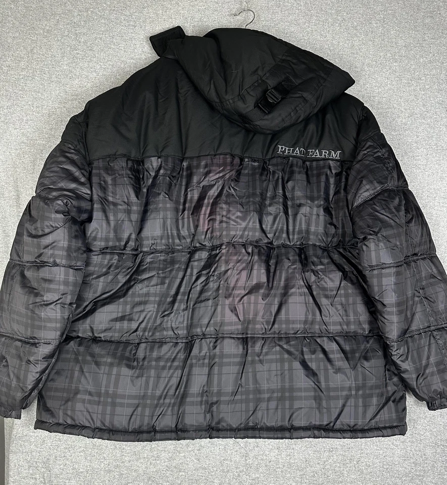Chaqueta Phat Farm Classics Para Hombre 4XL Negra Gris A Cuadros Con Capucha Puffer Bordada Foto 3 de 4
