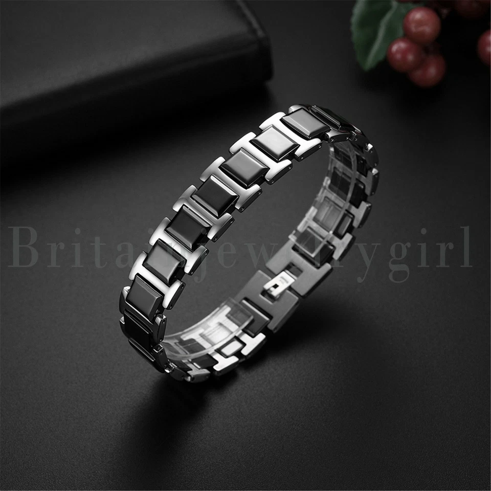 Pulsera de cerámica de acero inoxidable pesado de 8,46" para hombre cadena de eslabones pulsera negra Foto 3 de 4