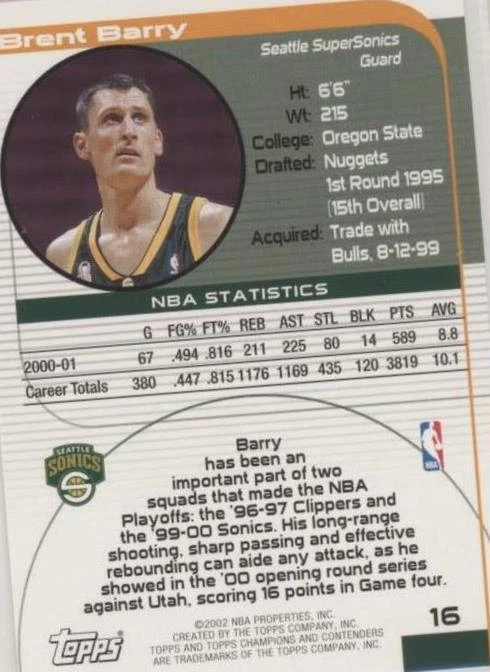 2001-02 Topps Champions and Contenders (TCC) - Brent Barry #16