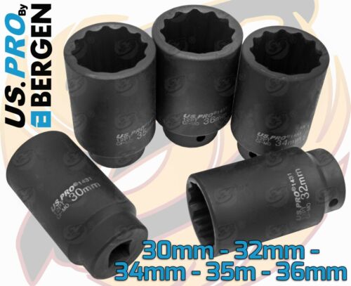 US PRO 12 Point Axle Hub Nut Socket Set 1/2" Drive Thin Wall Deep Impact Sockets - Picture 2 of 9