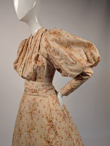 EARLY EDWARDIAN 3 PC CREAM WOOL FLORAL DRESS W PUFF SLEEVES + CORSET LACING - Picture 4 of 10