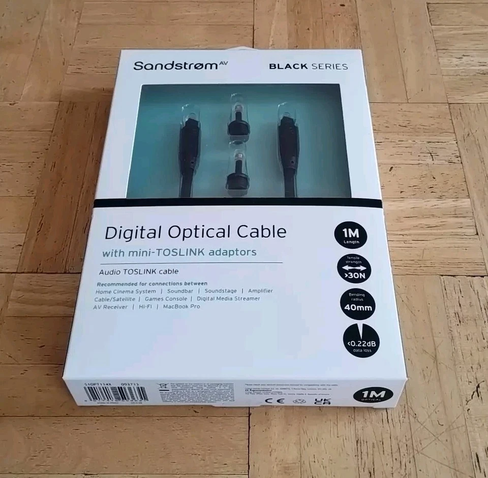 Sandstrom Black Series 1M Digital Optical Cable With Mini TOSLINK Adaptors - NEW - Image 2 of 4