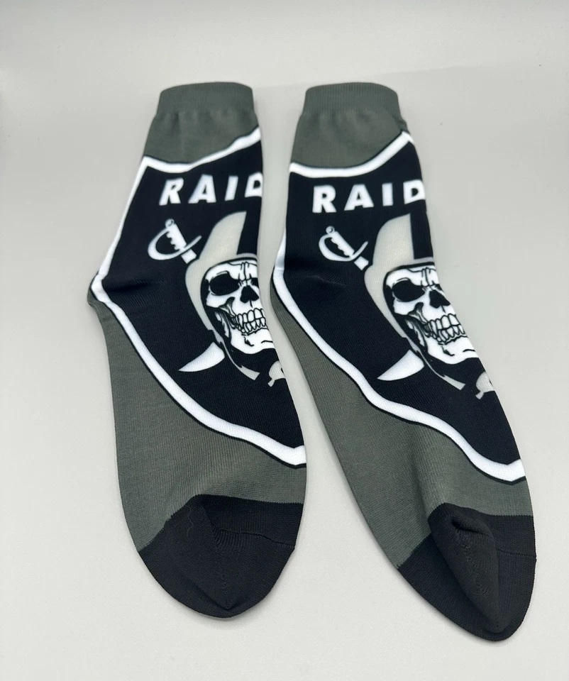Las Vegas Oakland Raiders Men Crew Socks Black Gray Skull Logo NFL Football - Image 2 of 3