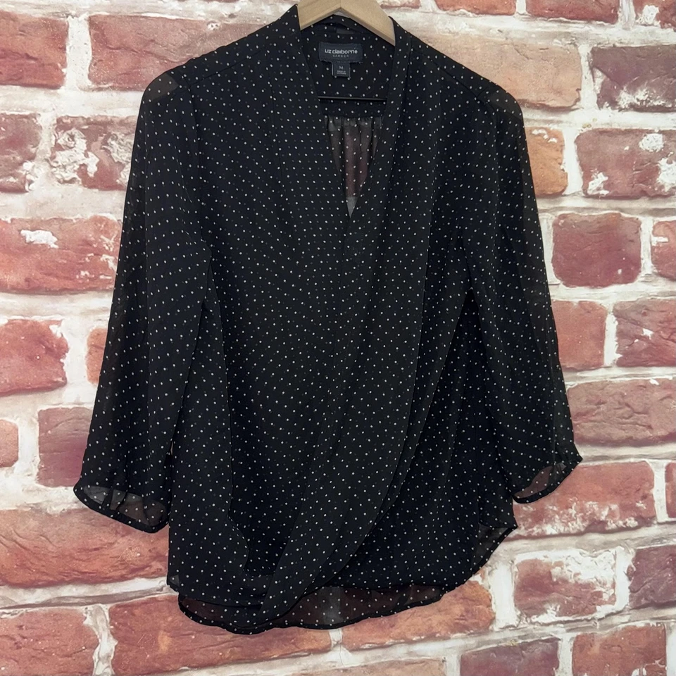 Liz Claiborne Career Top Womens Medium Black Polka Dot Surplice Sheer Shirt - Image 2 of 4