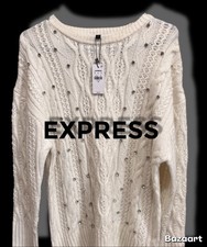 Express Ivory Cable-Knit Jewel Pullover Sweater Crew Neck Long Sleeve XS