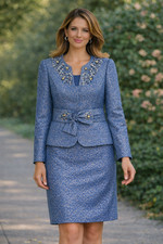 Tahari blue vintage tailored blazer skirt suit animal print texture size 6P
