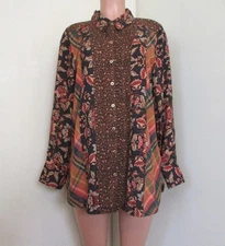 SOFT SURROUNDINGS MULTICOLOR MIXED MEDIA  ICON DESIGNS LONG SLEEVE BLOUSE,   L