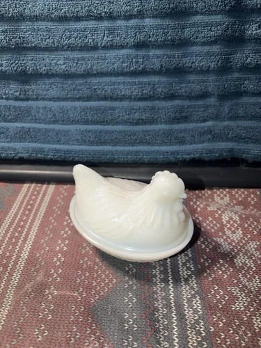 Hen on a Nest Candy Dish Vintage White Milk Glass Chicken