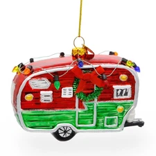 Festive Camper Trailer with Lights Glass Ornament