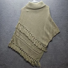 Steve Madden Women One Sz Turtleneck Cable-Knit Poncho With Fringe Beige 