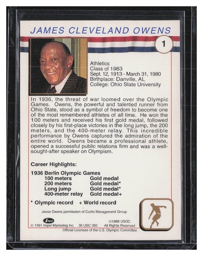 1991 Impel U.S. Olympic Hall of Fame #1 Jesse Owens - Bild 2 von 2