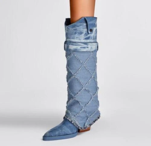 Mujeres Punta Punta Tacón Bloque Hasta la Rodilla Bota Denim Pantalones Bota Fiesta Borla Zapatos - Imagen 7 de 8