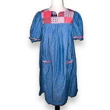 Q2* Go Softly Patio Cotton Chambray Patchwork Muumuu House Dress Women's Small