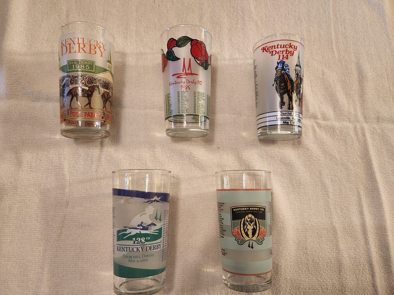 SET OF FIVE KENTUCKY DERBY GLASSES !!  -  1985, 1986, 1988, 2002, 2004