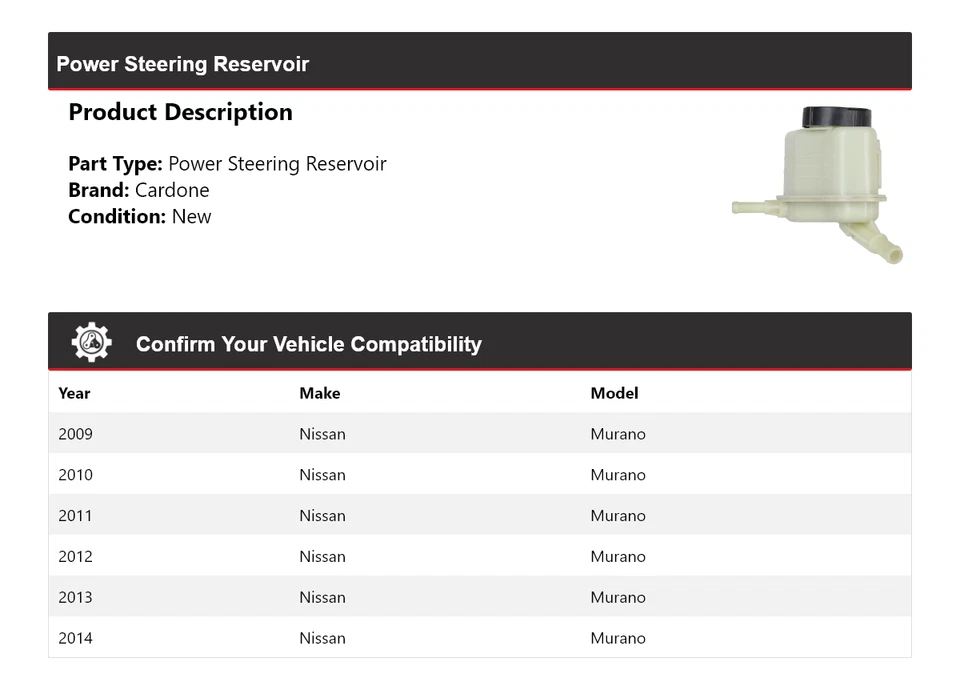 Reservatório de direção hidráulica Cardone 2010 2011 2012 2013 para 2009-2014 Nissan Murano - Imagem 2 de 4