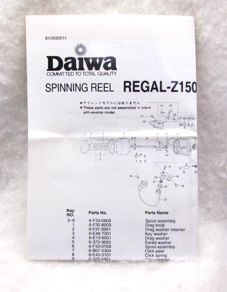 Daiwa REGAL Parts List Spinning Reel Model Z1500BL, Z2000BL T46