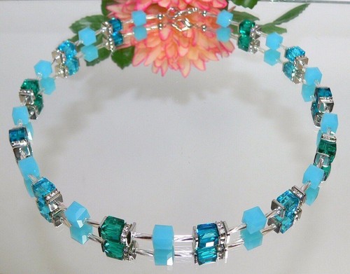 Halskette Würfelkette Würfel Kristall Glas petrol blau grün türkis Strass 058b - Bild 3 von 11
