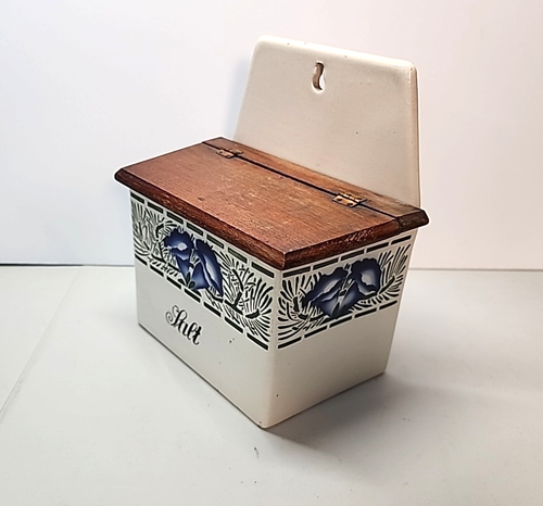 Vintage Germany Blue And Green Hanging Salt Box with Wood Hinged Wooden Lid - Picture 5 of 7