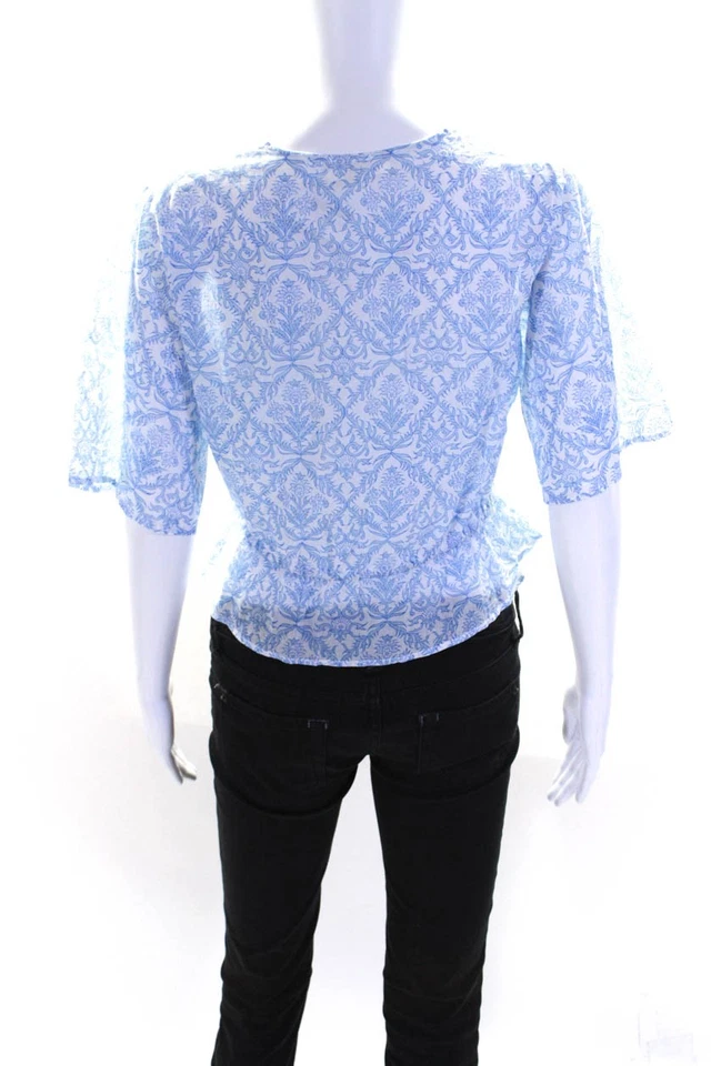 Espléndida blusa recortada peplum con cordón cuello en V estampado floral azul talla S para mujer Foto 3 de 4