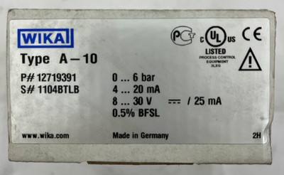 WIKA A-10 Pressure Transmitter 0 6 Bar 4 20mA 8 30VDC 0.5% BFSL New In Box