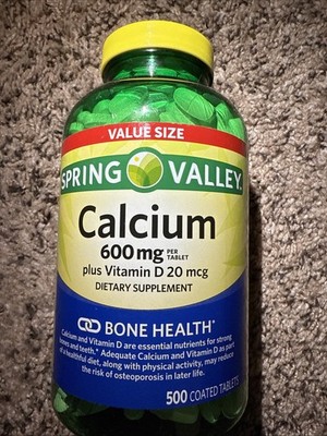 Spring Valley CALCIUM 600 mg Vitamin D Supplement Bone Health 500 Tablets NEW!