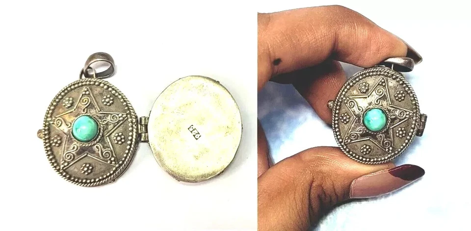 Natürlich Türkis Edelstein 3.6cm Vintage 925 Silber Offen Kiste Anhänger - Bild 3 von 4