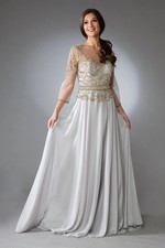 FORMAL A-LINE CHIFFON MAXI MOTHER OF BRIDE BEADED DRESS W/ SHEER 34 SLEEVES