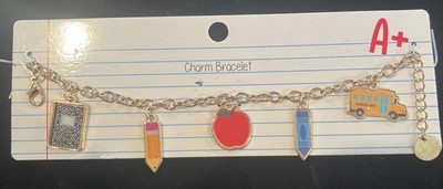 Teacher Charm Bracelet Gift  Jewelry, Notebook Pencil Apple Crayon Bus Gold Tone
