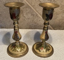 Vtg Brass & Enamel Cloisonne Candlesticks Christmas Holiday MCM Regency 6.25”