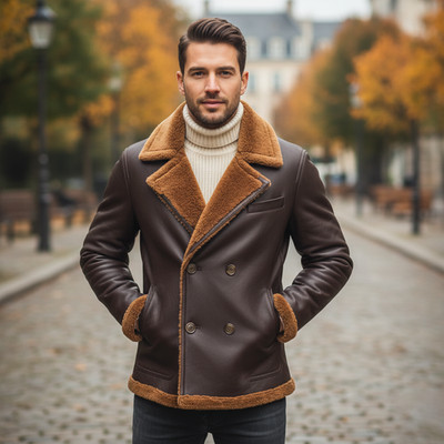 Men s Brown Shearling Aviator Leather Jacket Vintage B3 Bomber Premium Winter