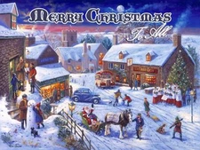 Merry Christmas to All Metal Sign, VintageVillage Holiday Scene, Santa, Carolers