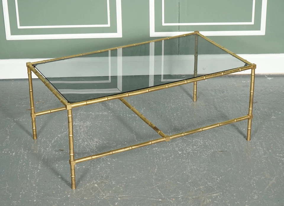 HOLLYWOOD REGENCY GOLDEN BAMBOO COFFEE TABLE SET WITH 2 SIDE TABLES ON CASTORS - Image 4 of 4