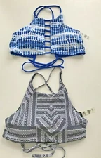 TINIBIKINI 2 Reversible High neck Bikini Top Blue & Black Print Strappy Size S