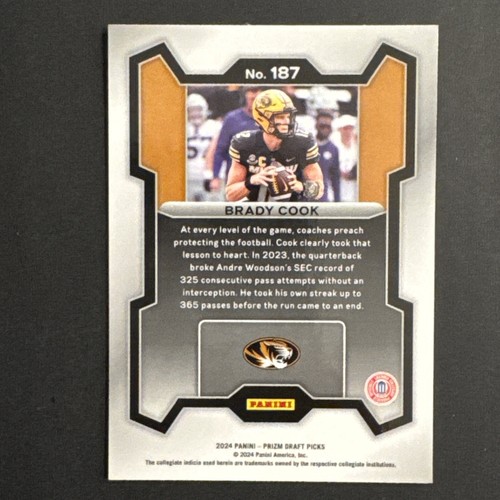 BRADY COOK 2024 Panini Prizm Draft Picks Rated Prospect Rookie #187 Missouri - Picture 2 of 2