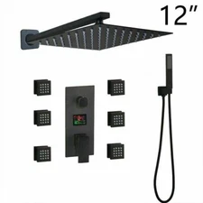 Wall Mount 12 inch Matte Black Massage Digital Shower Faucet Set Handheld System