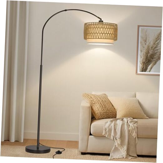 Rattan Floor Lamp, Arc Floor Lamps for Living Black Base with Rattan Shade